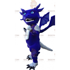 Traje de mascote engraçado e peculiar de dragão azul e branco