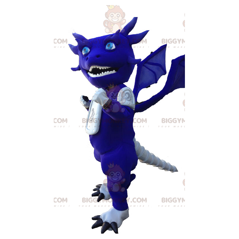 Costume de mascotte BIGGYMONKEY™ de dragon bleu et blanc rigolo