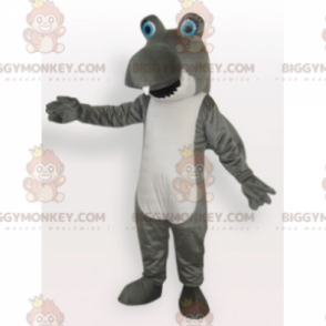 Traje de mascote de tubarão cinza e branco engraçado