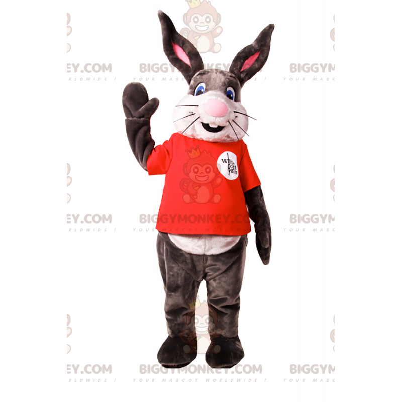 Bunny BIGGYMONKEY™ maskotkostume med stort smil og rød t-shirt Bunny BIGGYMONKEY™ maskotkostume med stort smil og rød t-shirt