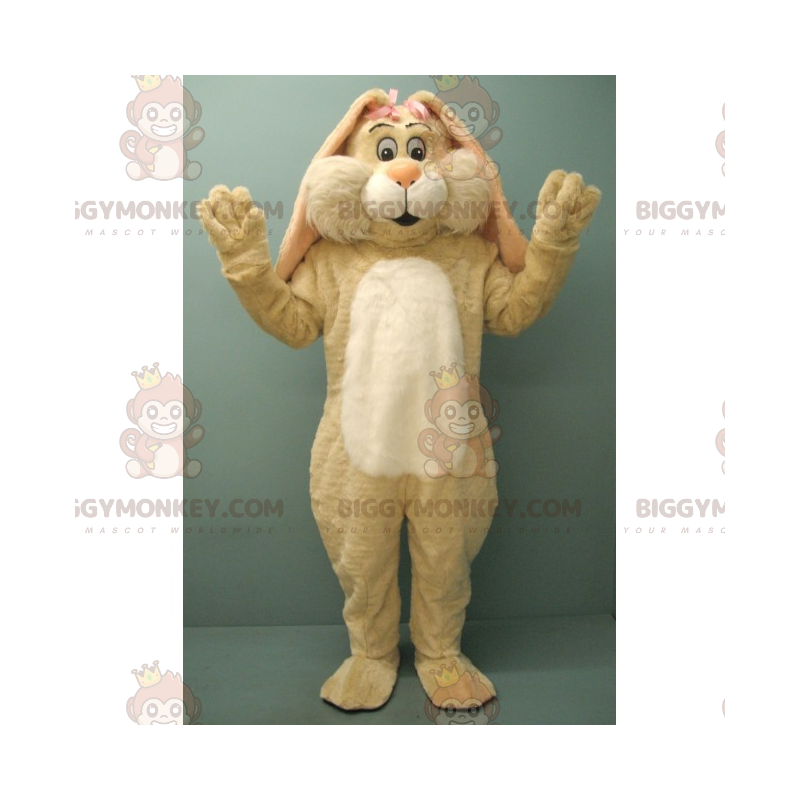 BIGGYMONKEY™ Mascottekostuum beige konijn met twee roze strikken - Konijn mascotte - BIGGYMONKEY_015937 - BiggyMonkey.com