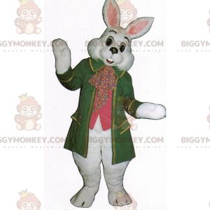 Fantasia de mascote de coelho branco com casaco verde