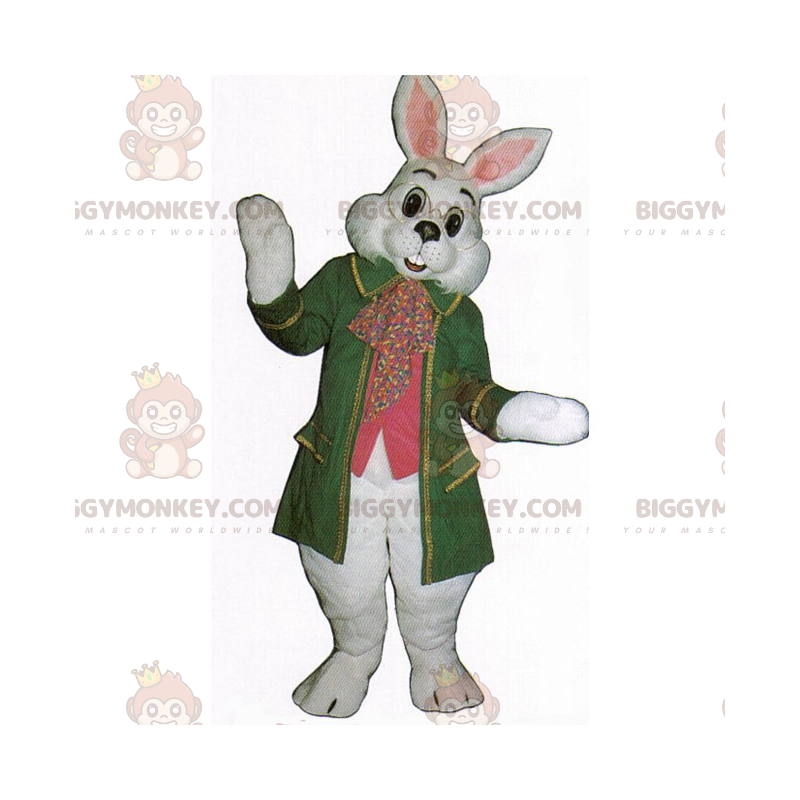 Fantasia de mascote de coelho branco com casaco verde