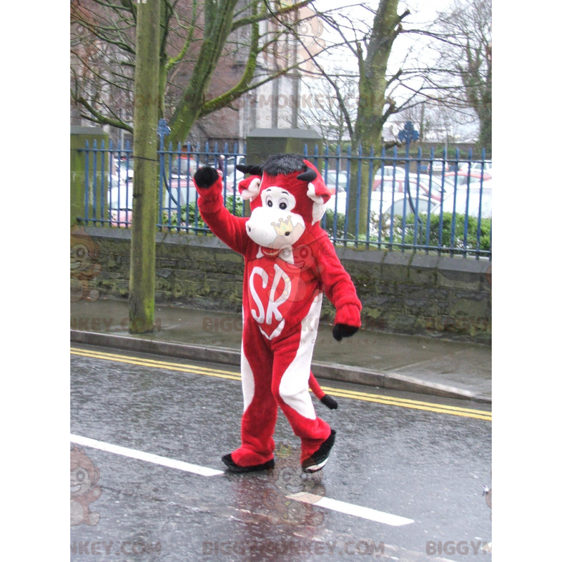 Costume de mascotte BIGGYMONKEY™ de vache rouge et blanche Costume de mascotte BIGGYMONKEY™ de vache rouge et blanche