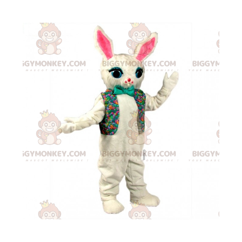 Fantasia de mascote BIGGYMONKEY™ Coelho branco com jaqueta Fantasia de mascote BIGGYMONKEY™ Coelho branco com jaqueta