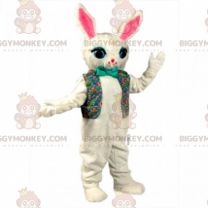 Kostým maskota BIGGYMONKEY™ Bílý králík s květinovou bundou a motýlkem - Králík maskot - BIGGYMONKEY_015946 - BiggyMonkey.com