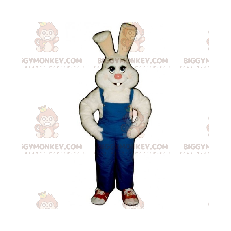 Fantasia de mascote de coelho branco e macacão azul