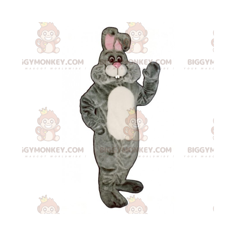 Traje de mascote de coelho cinza de barriga branca macia