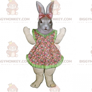 BIGGYMONKEY™ Grå kaninmaskotkostume med kjole og lyserød sløjfe