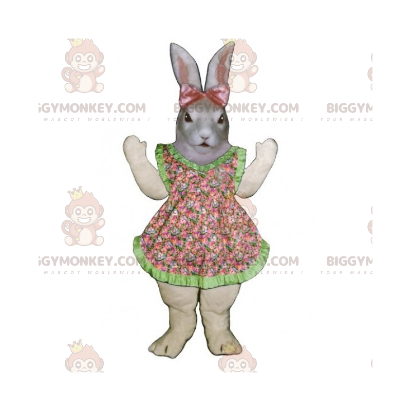  BIGGYMONKEY™ Costume da mascotte coniglietto grigio con vestito e fiocco rosa - Coniglio mascotte - BiggyMonkey.com
