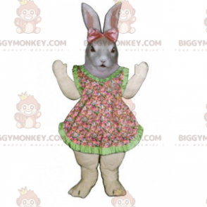 Στολή μασκότ BIGGYMONKEY™ Grey Bunny με φόρεμα και ροζ φιόγκο -