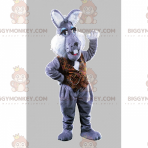 BIGGYMONKEY™ Gray Rabbit Mascot Costume with Brown Jacket -