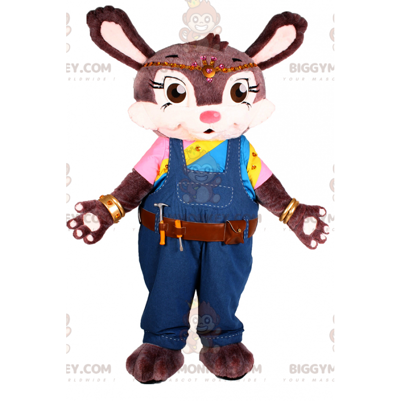 BIGGYMONKEY™ Maskotdräkt Brun kanin i overall och verktygsbälte BIGGYMONKEY™ Maskotdräkt Brun kanin i overall och verktygsbälte