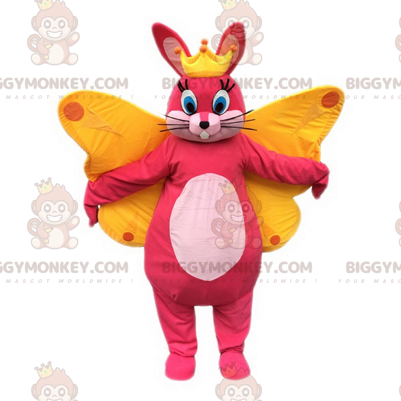 BIGGYMONKEY™ mascottekostuum roze konijn met kroon en BIGGYMONKEY™ mascottekostuum roze konijn met kroon en