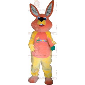 Fantasia de mascote de coelho laranja e amarelo com cenoura