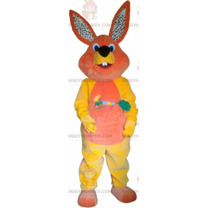 Fantasia de mascote de coelho laranja e amarelo com cenoura