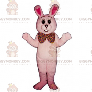 Fantasia de mascote de coelho rosa e gravata borboleta gigante