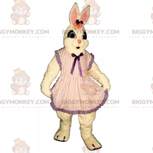 BIGGYMONKEY™ Μασκότ Κοστούμι Λευκό Κουνέλι σε Ριγέ Φόρεμα -