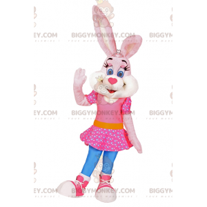 BIGGYMONKEY™ Maskottchen-Kostüm Hase im rosa Kleid mit Sternen