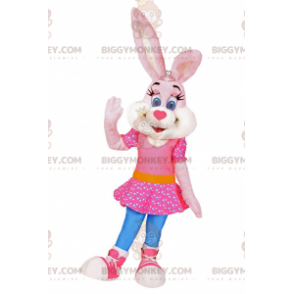 Kostým BIGGYMONKEY™ maskot zajíček v růžových šatech s hvězdami - Králík maskot - BIGGYMONKEY_016004 - BiggyMonkey.com