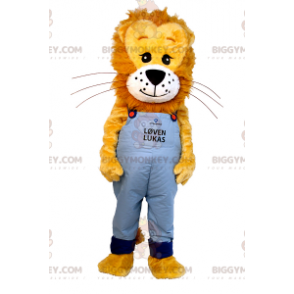 Στολή μασκότ Lion BIGGYMONKEY™ με τριχωτό χαίτη και μπλε φόρμες