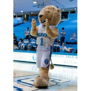 BIGGYMONKEY™ Mascot Costume of Beige Lion in Blue and White