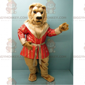 Traje de mascote de leão BIGGYMONKEY™ com roupão de banho