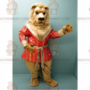 Traje de mascote de leão BIGGYMONKEY™ com roupão de banho
