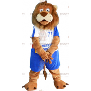 Leeuw BIGGYMONKEY™ mascottekostuum met blauwe voetbaloutfit -