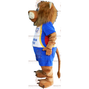 Kostým maskota lva BIGGYMONKEY™ s modrým fotbalovým oblečením - Maskoti lva - BIGGYMONKEY_016037 - BiggyMonkey.com