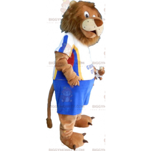 Leeuw BIGGYMONKEY™ mascottekostuum met blauwe voetbaloutfit -