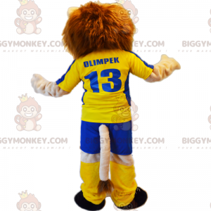 Lion BIGGYMONKEY™ Mascot Costume with Yellow Soccer Outfit -