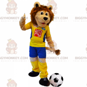 Löwe BIGGYMONKEY™ Maskottchen-Kostüm mit gelbem Fußball-Outfit