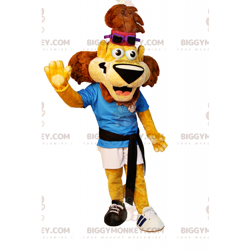 Kostium maskotki lew BIGGYMONKEY™ ze sportową odzieżą i Kostium maskotki lew BIGGYMONKEY™ ze sportową odzieżą i