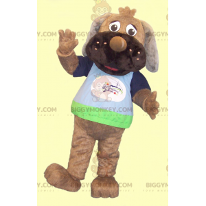 Ruskea koiran BIGGYMONKEY™ maskottiasu värikkäällä t-paidalla -