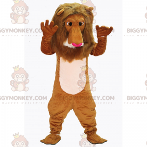 Traje de mascote BIGGYMONKEY™ de leão com nariz rosa –
