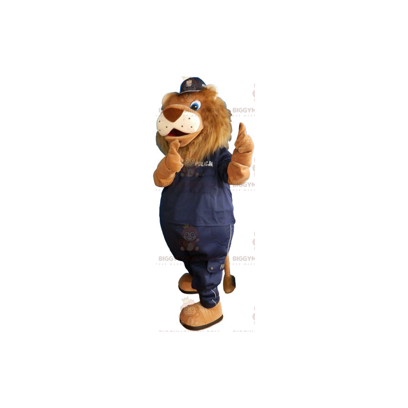 Leeuw BIGGYMONKEY™ mascottekostuum met zwart politie-uniform - Lion mascottes - BIGGYMONKEY_016043 - BiggyMonkey.com