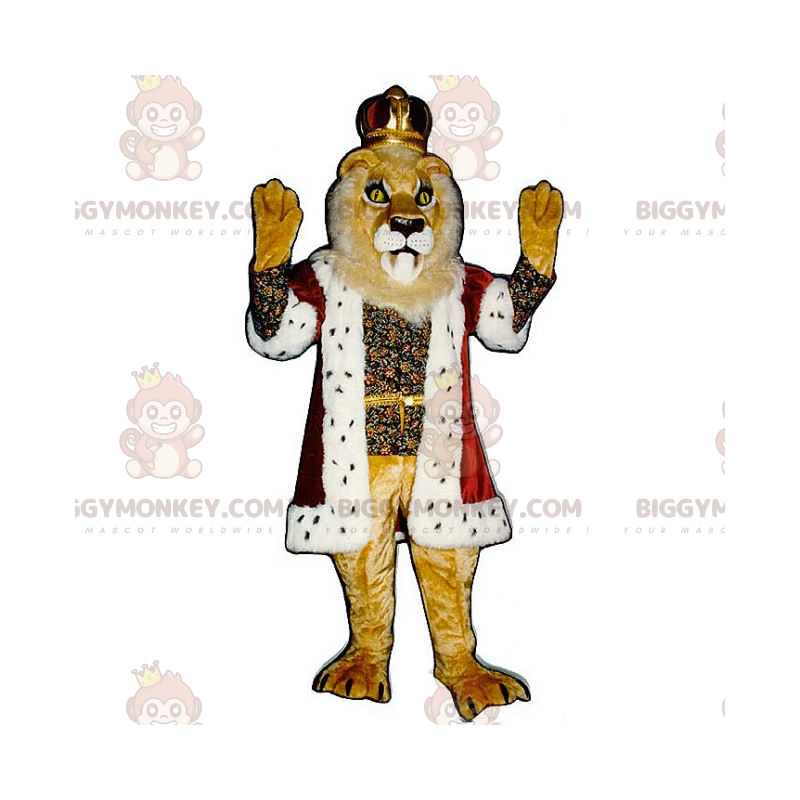 Costume de mascotte BIGGYMONKEY™ de lion en tenue de roi avec Costume de mascotte BIGGYMONKEY™ de lion en tenue de roi avec