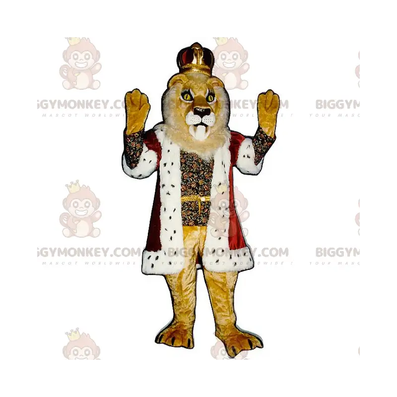 Costume de mascotte BIGGYMONKEY™ de lion en tenue de roi avec Costume de mascotte BIGGYMONKEY™ de lion en tenue de roi avec