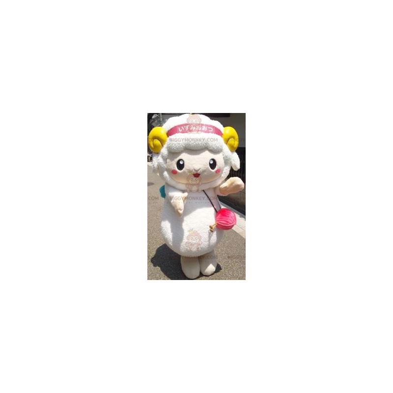 BIGGYMONKEY™ Mascot Costume White Sheep with Yellow Horns -