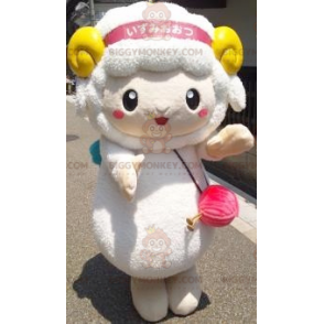 BIGGYMONKEY™ Mascot Costume White Sheep with Yellow Horns -