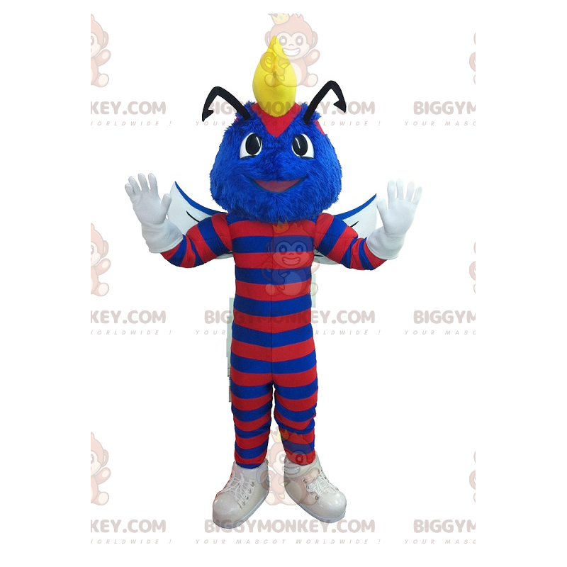 Kostým maskota s červenými pruhy a modrou vosou BIGGYMONKEY™ – Kostým maskota s červenými pruhy a modrou vosou BIGGYMONKEY™ –