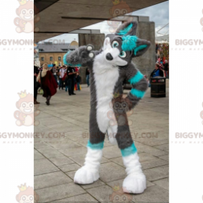 Traje de mascote BIGGYMONKEY™ Lobo Cinzento e Azul –
