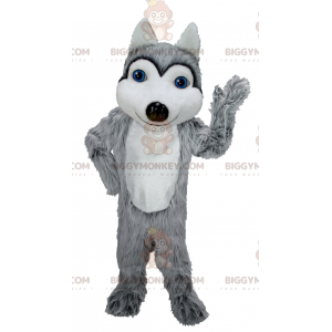 Disfraz de mascota de lobo gris y blanco de ojos azules