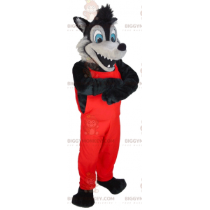 BIGGYMONKEY™ Mascot Costume Black and Gray Wolf in Red Overalls