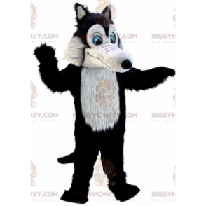 BIGGYMONKEY™ maskotkostume Helt behåret sort og grå ulv med blå