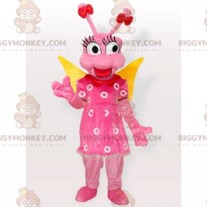 BIGGYMONKEY™ mascottekostuum roze vlieg en bloemenjurk -