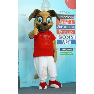 BIGGYMONKEY™ mascottekostuum bruine hond in rood-witte outfit -