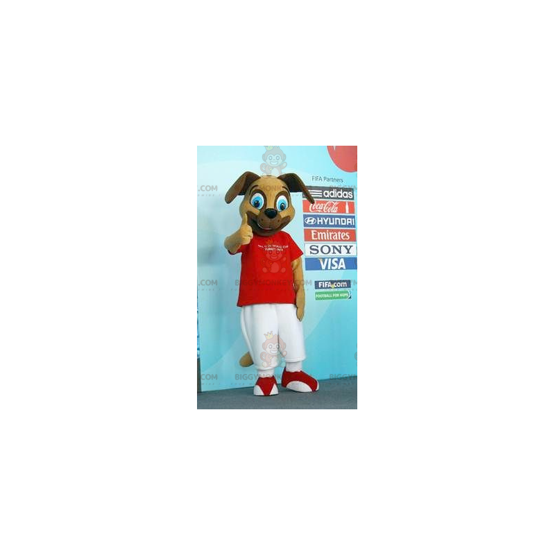 Kostium maskotki BIGGYMONKEY™ Brązowy pies w czerwono-białym Kostium maskotki BIGGYMONKEY™ Brązowy pies w czerwono-białym