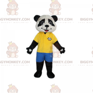 Panda BIGGYMONKEY™ Maskottchenkostüm mit gelbem Poloshirt und